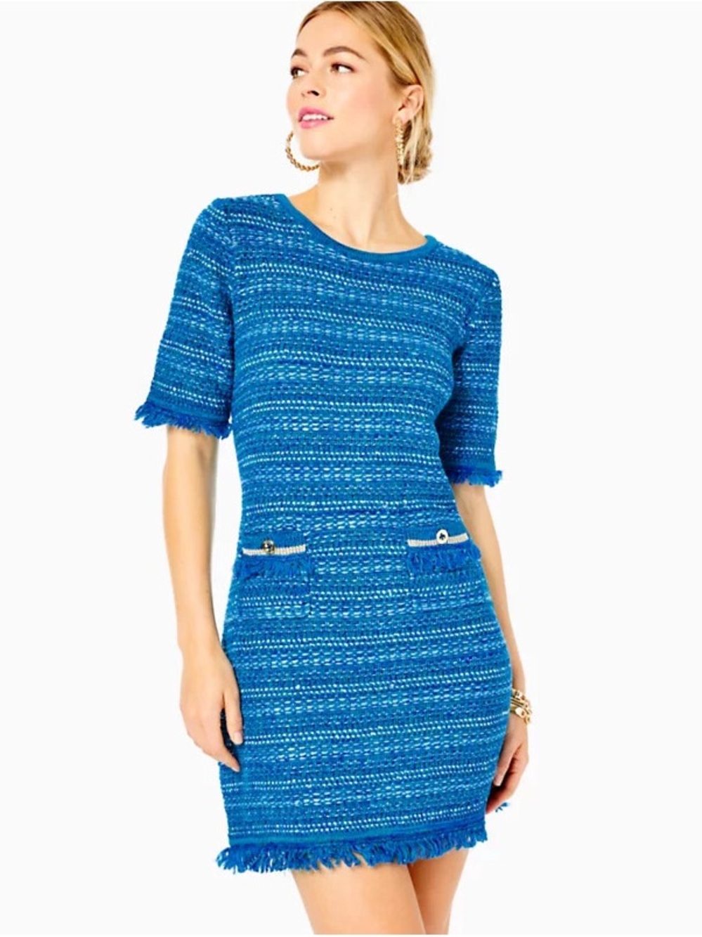 Lilly Pulitzer Beckington Blue Textured Tweed Shift Sweater Dress